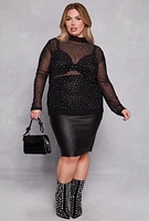 Womens Plus Size Mesh Rhinestone Long Sleeve Top, Black, Size 2X