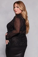 Womens Plus Size Mesh Rhinestone Long Sleeve Top, Black, Size 2X