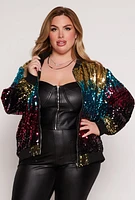 Womens Plus Size Sequin Bomber Jacket, Multi, Size 2X