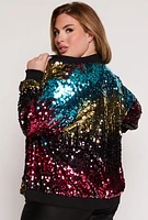 Womens Plus Size Sequin Bomber Jacket, Multi, Size 2X