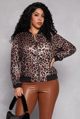 Womens Plus Size Leopard Sequin Bomber Jacket, Brown, Size 1X