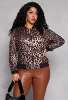 Womens Plus Size Leopard Sequin Bomber Jacket, Brown, Size 2X