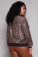 Womens Plus Size Leopard Sequin Bomber Jacket, Brown, Size 2X