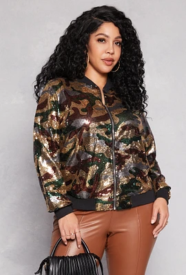 Womens Plus Size Sequin Camo Bomber Jacket, Multi, Size 2X