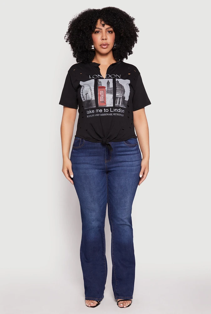 Womens Plus Size Slashed London Graphic Knot Front Tee, Black, Size 3X
