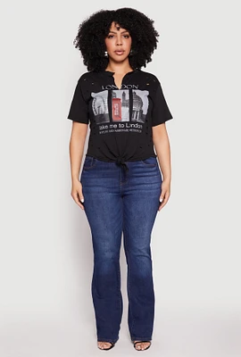 Womens Plus Size Slashed London Graphic Knot Front Tee, Black, Size 3X