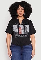 Womens Plus Size Slashed London Graphic Knot Front Tee, Black, Size 1X