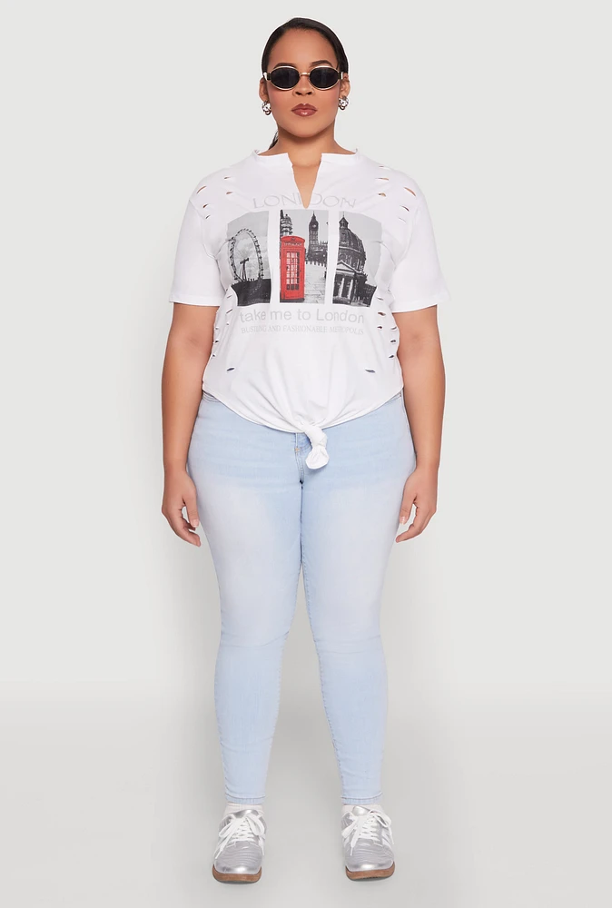 Womens Plus Size Slashed London Graphic Knot Front Tee, White, Size 3X
