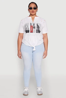 Womens Plus Size Slashed London Graphic Knot Front Tee, White, Size 3X