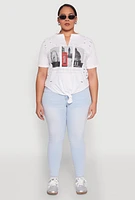 Womens Plus Size Slashed London Graphic Knot Front Tee, White, Size 3X