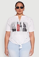 Womens Plus Size Slashed London Graphic Knot Front Tee, White, Size 3X