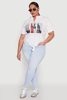 Womens Plus Size Slashed London Graphic Knot Front Tee, White, Size 3X