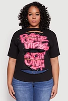 Womens Plus Positive Vibes Only Slashed Graphic Tee, Black,