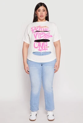 Womens Plus Size Positive Vibes Only Slashed Graphic Tee, White, Size 1X