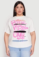 Womens Plus Size Positive Vibes Only Slashed Graphic Tee, White, Size 1X