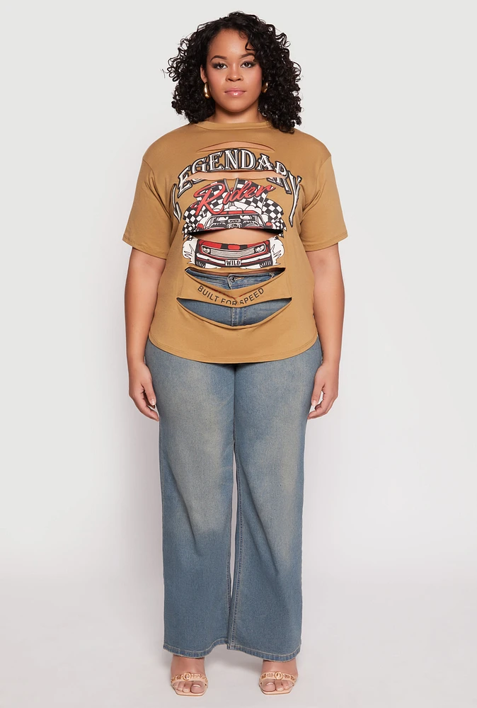 Womens Plus Size Slashed Legendary Rider Tee, Brown, Size 3X