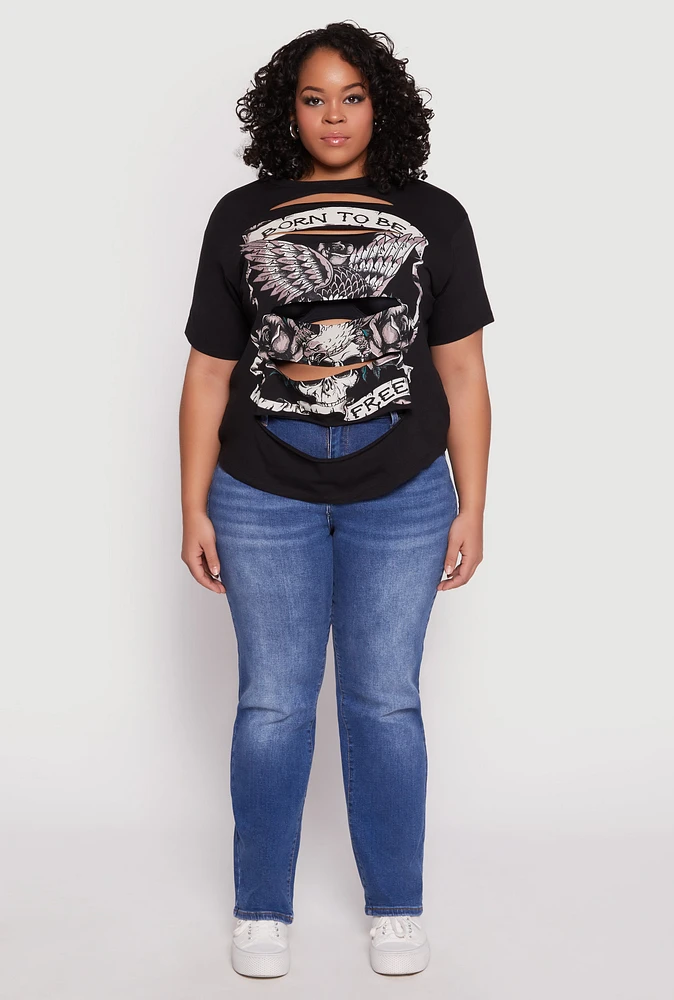 Womens Plus Size Slashed Born To Be Free Tee, Black, Size 2X