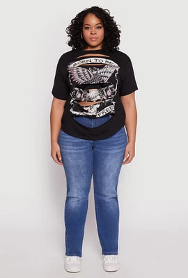 Womens Plus Size Slashed Born To Be Free Tee, Black, Size 2X
