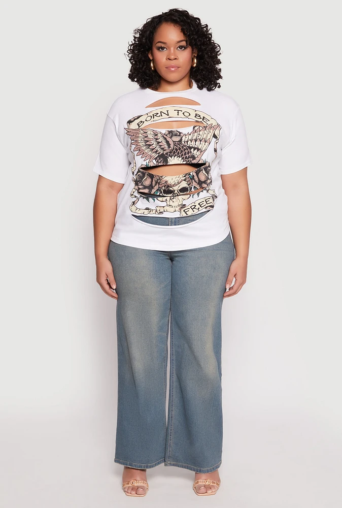 Womens Plus Size Slashed Born To Be Free Tee, White, Size 2X