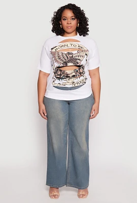 Womens Plus Size Slashed Born To Be Free Tee, White, Size 2X