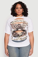 Womens Plus Size Slashed Born To Be Free Tee, White, Size 2X
