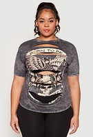 Womens Plus Size Slashed Born To Be Free Tee, Grey, Size 2X