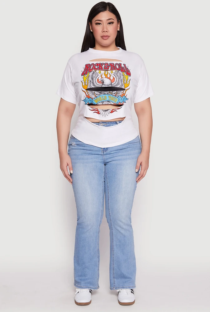 Womens Plus Size Slashed Rock And Roll World Tour Tee, White, Size 2X