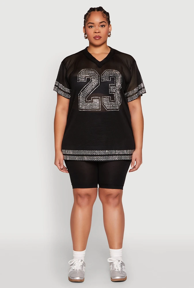 Womens Plus Size Rhinestone Varsity Stripe Mesh Jersey, Black, Size 1X