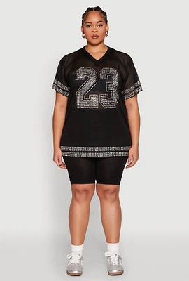 Womens Plus Size Rhinestone Varsity Stripe Mesh Jersey, Black, Size 1X