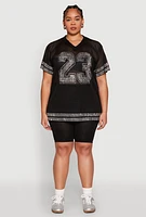 Womens Plus Size Rhinestone Varsity Stripe Mesh Jersey, Black, Size 1X
