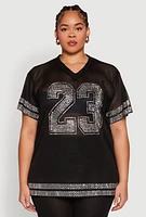 Womens Plus Size Rhinestone Varsity Stripe Mesh Jersey, Black, Size 1X