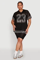 Womens Plus Size Rhinestone Varsity Stripe Mesh Jersey, Black, Size 1X