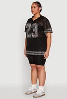 Womens Plus Size Rhinestone Varsity Stripe Mesh Jersey, Black, Size 1X