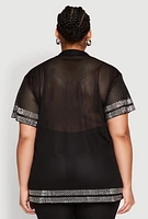 Womens Plus Size Rhinestone Varsity Stripe Mesh Jersey, Black, Size 1X