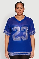 Womens Plus Size Rhinestone Varsity Stripe Mesh Jersey, Blue, Size 3X