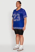 Womens Plus Size Rhinestone Varsity Stripe Mesh Jersey, Blue, Size 3X