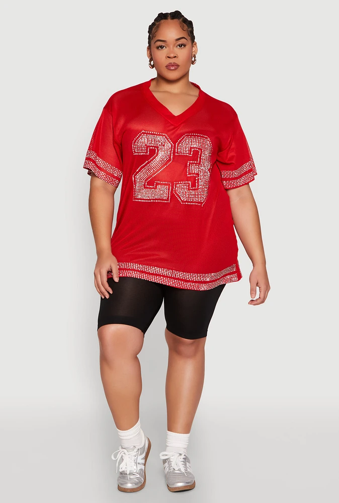 Womens Plus Size Rhinestone Varsity Stripe Mesh Jersey, Red, Size 3X