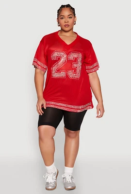 Womens Plus Size Rhinestone Varsity Stripe Mesh Jersey, Red, Size 3X