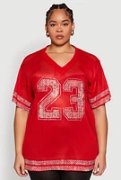 Womens Plus Size Rhinestone Varsity Stripe Mesh Jersey, Red, Size 3X