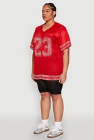 Womens Plus Size Rhinestone Varsity Stripe Mesh Jersey, Red, Size 3X