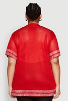 Womens Plus Size Rhinestone Varsity Stripe Mesh Jersey, Red, Size 1X