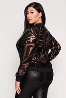 Womens Plus Size Sequin Patterned Mesh Jacket, Black, Size 2X