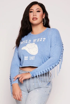 Womens Plus Size Wild West Fringe Crop Top, Blue, Size 2X