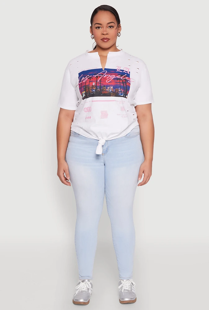 Womens Plus Size Los Angeles Slashed Graphic Tee, White, Size 2X