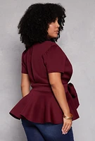 Womens Plus Size Tie Waist Peplum Top, Burgundy, Size 1X