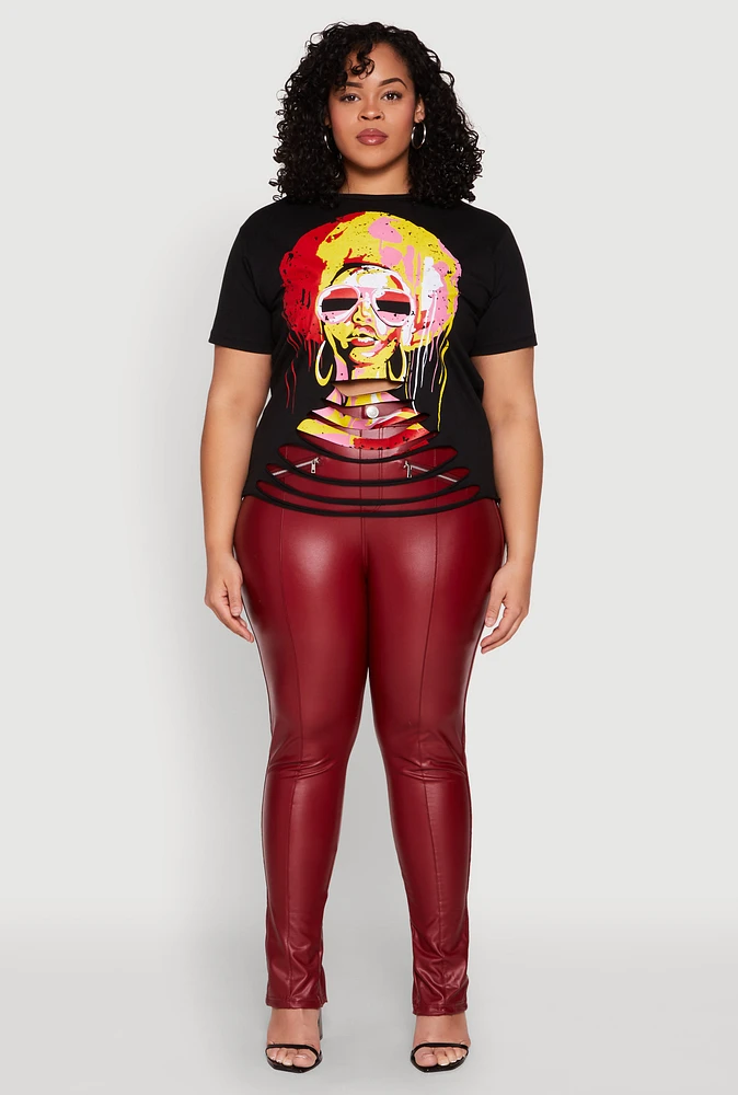 Womens Plus Size Slashed Graphic Tee, Black, Size 2X