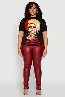 Womens Plus Size Slashed Graphic Tee, Black, Size 2X