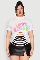 Womens Plus Laser Cut Boss Queen Graphic Tee, White,