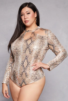 Womens Plus Size Animal Print Foiled Cut Out Bodysuit, Multi, Size 2X