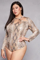 Womens Plus Size Animal Print Foiled Cut Out Bodysuit, Multi, Size 2X